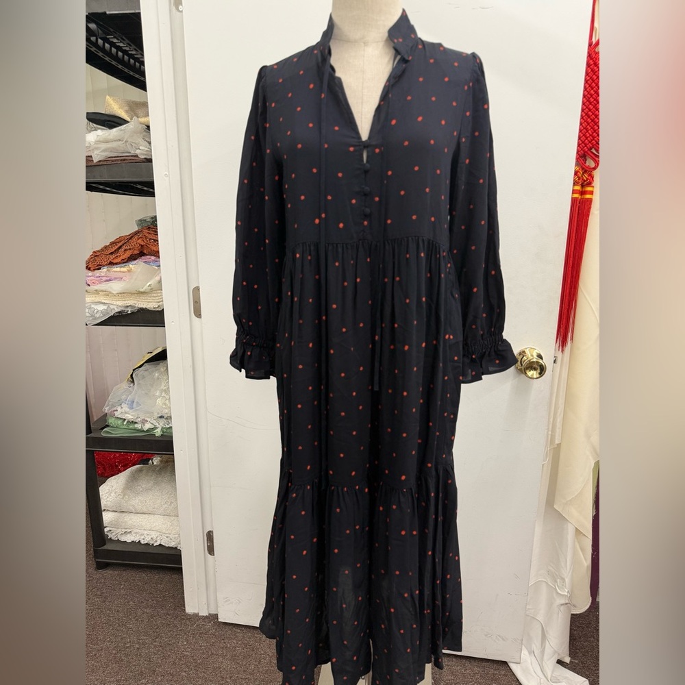 AG Long Sleeve  Navy blue midi Dress with Red Dots